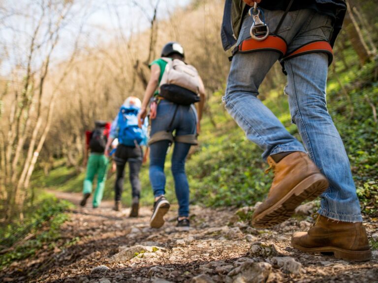 Ground view looking up at hikers heading up a trail